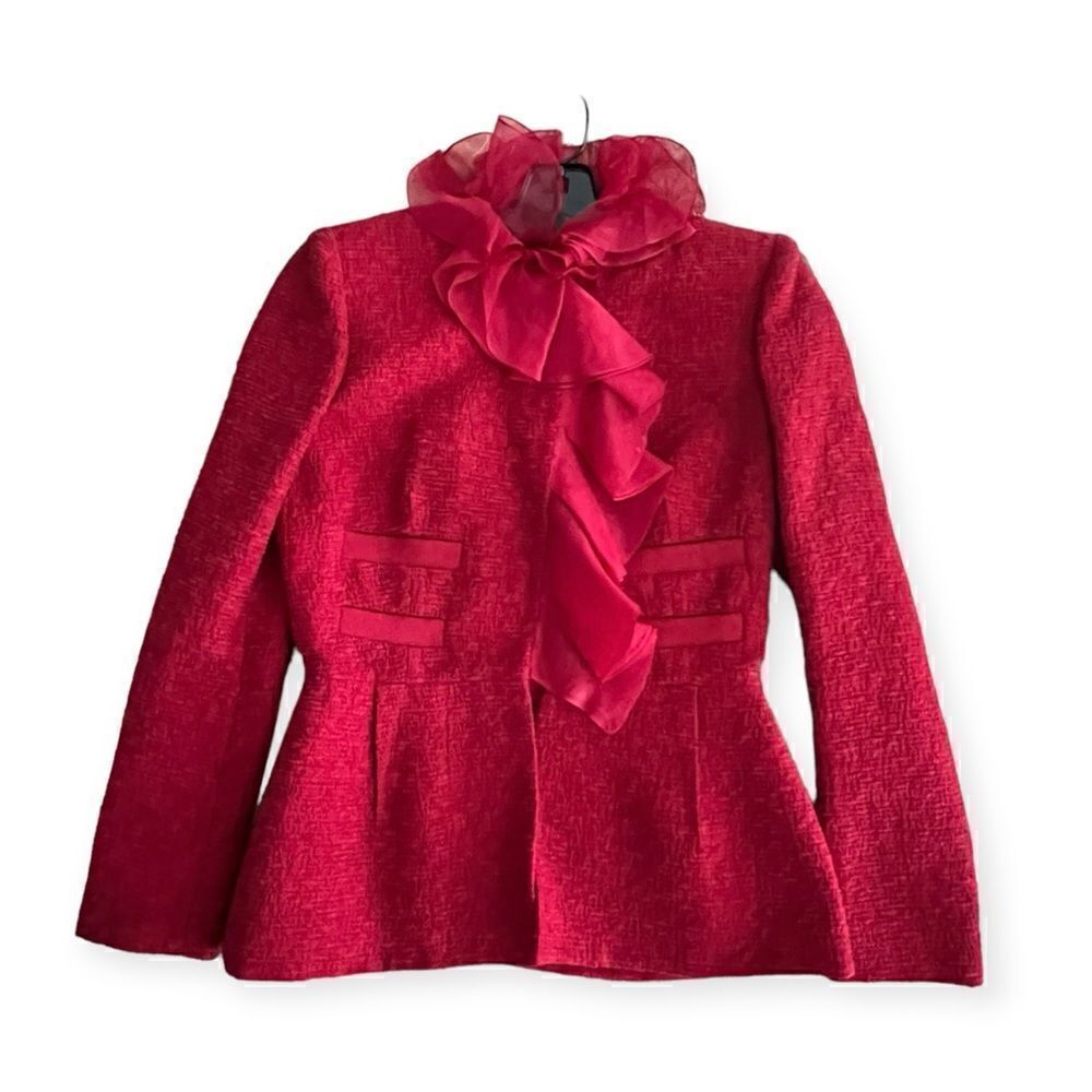 Giambattista Valli red tweed blazer silk ruffle collar, NWOT 40